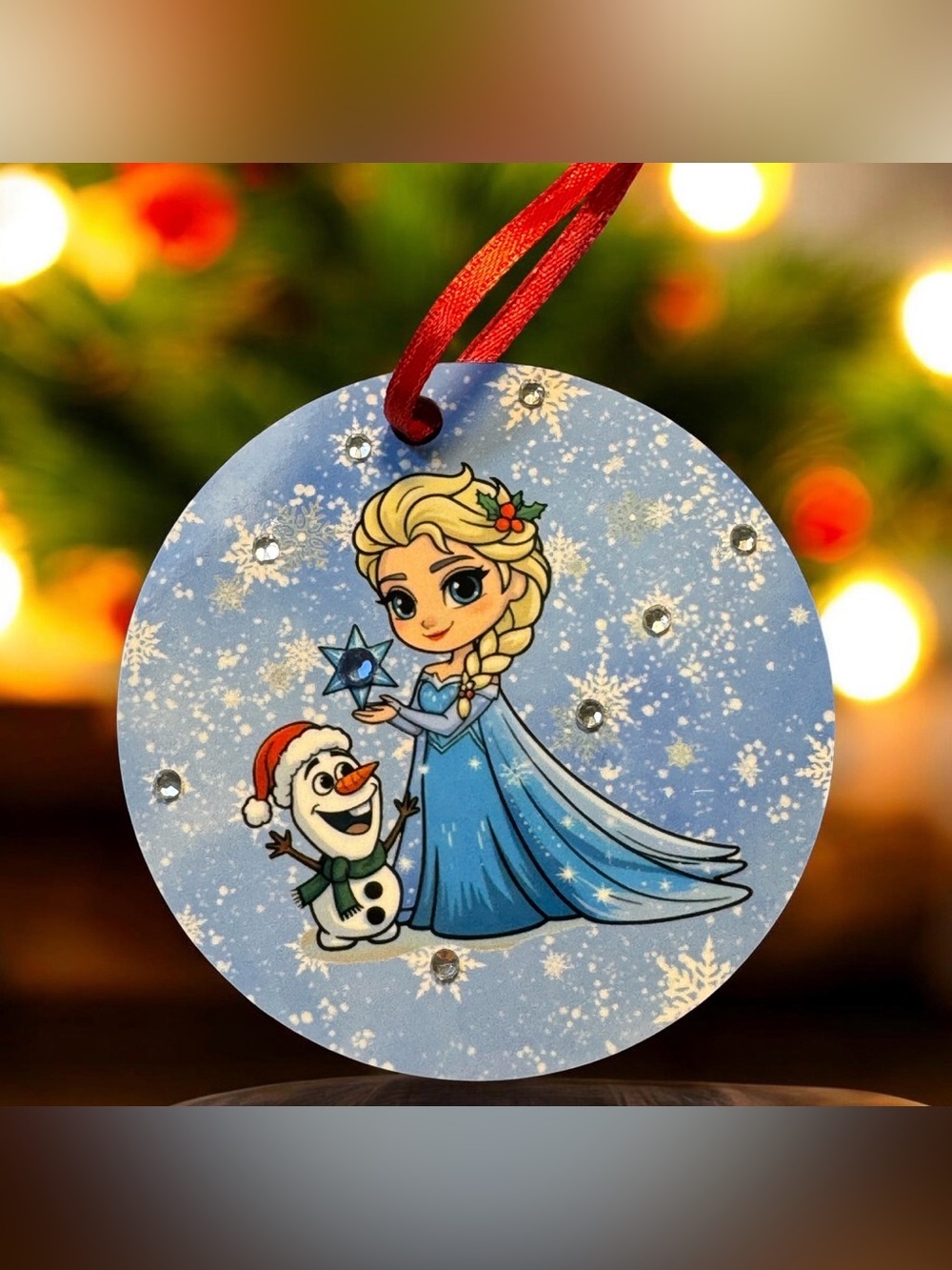 Elsa And Olaf Blue Bling Round Wooden Christmas Ornament